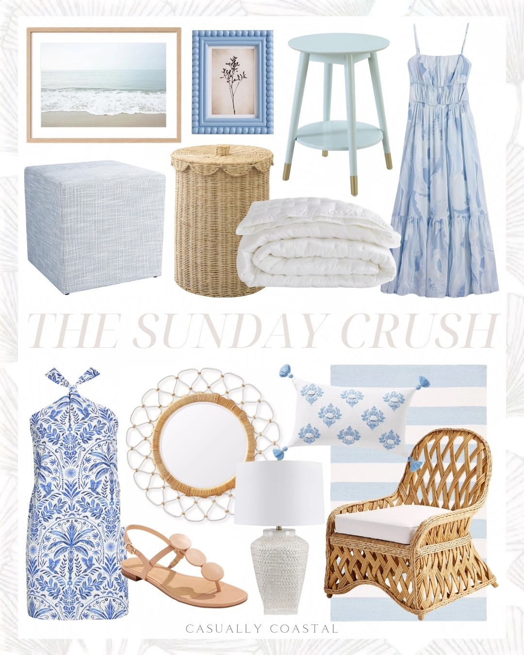 The Sunday Crush! 

Coastal home decor, coastal style, coastal dress, coastal mirror, coastal lamp, coastal wall art, coastal artwork, coastal hair, coastal pillow cover, square striped ottoman, blue and white floral print halter minidress, Jack Rogers sandals, tiered tie back maxi dress, Amazon 5x7 picture frame, coastal picture frame, scallop lidded hamper, wayfair end table, Serena & lily pillow cover, rattan chair, quince bamboo dream quilt, white quilt, round mirror, Etsy wall art, ocean waves shoreline print, ceramic table lamp, wayfair rug, striped rug, blue and white rug, coastal rug, bamboo nightstand

#LTKHome