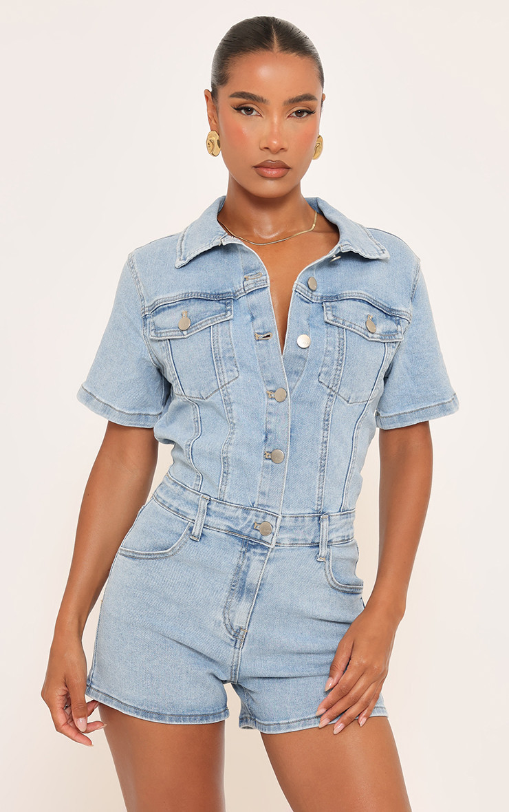 Short Sleeve Collar Detail Button Down Playsuit In Light Blue Wash Denim | EGO Shoes (US & Canada)