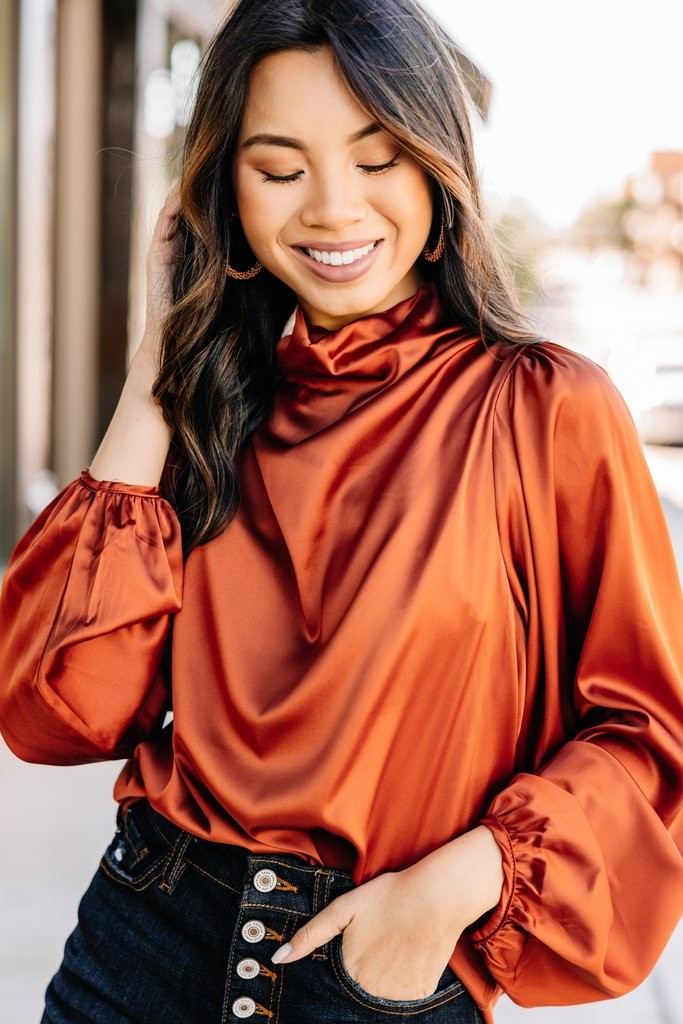 Embrace The Joy Rust Orange Satin Blouse | The Mint Julep Boutique