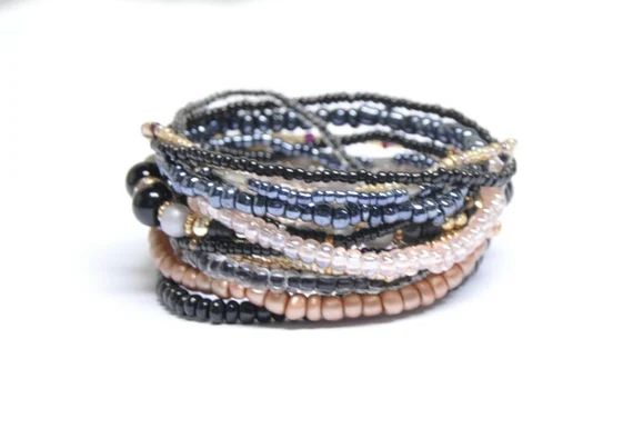 NEW Black Navy Gold Peach Mixed seed bead bracelet Set of 15 stretch bracelets Multistrand Layere... | Etsy (US)