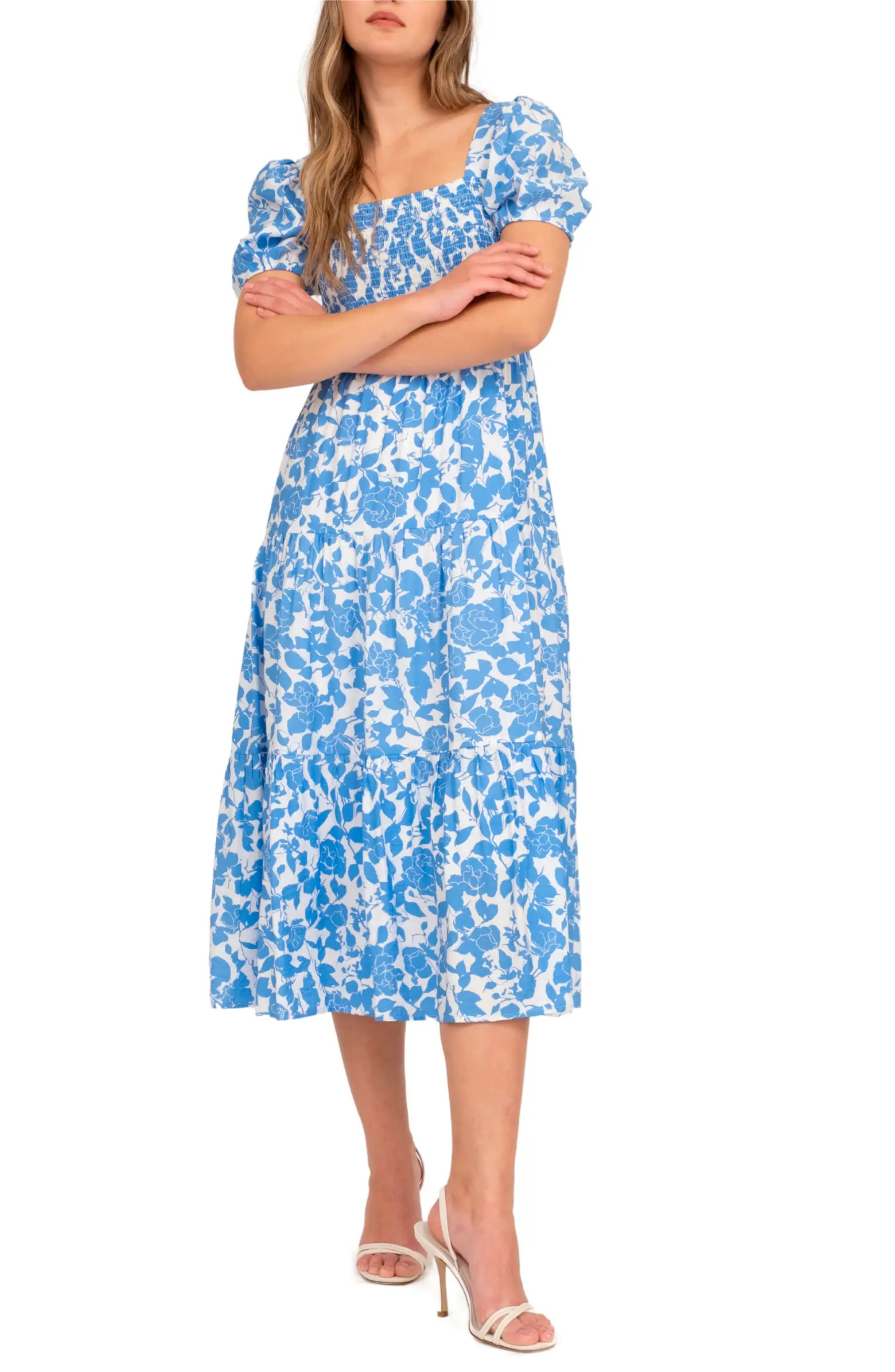 Floral Puff Sleeve Smocked Midi Dress | Nordstrom Rack