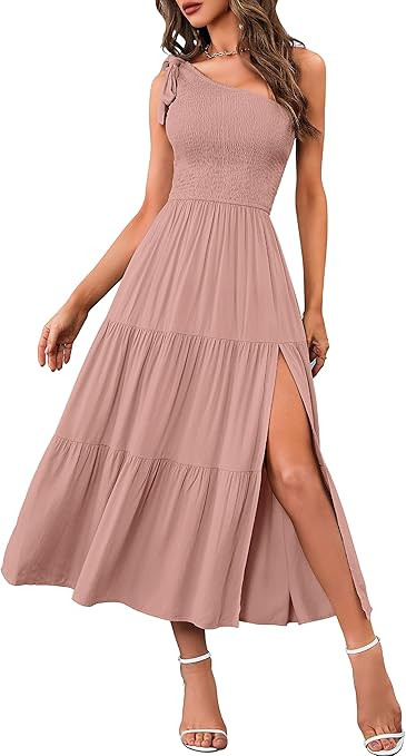 MEROKEETY Women's Summer One Shoulder Sleeveless Knot Smocked Midi Dress Split Tiered Flowy Dress... | Amazon (US)