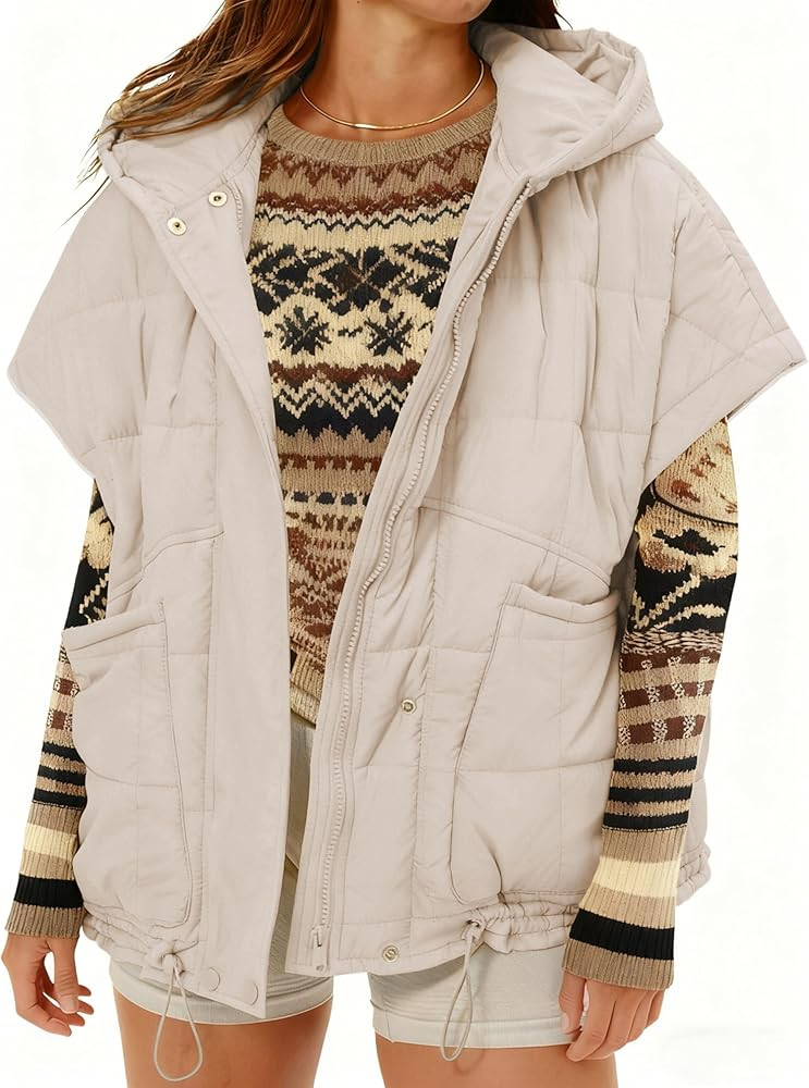 Zhiyouni Women's Quilted Puffer Vest Casual Hooded Short Sleeves Padded Jacket Poncho Outerwear | Amazon (US)