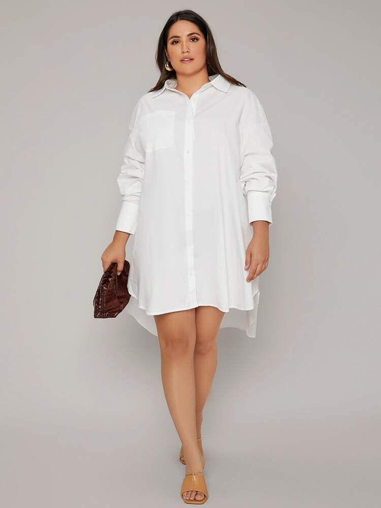 SHEIN BASICS Plus Drop Shoulder High Low Shirt Dress | SHEIN