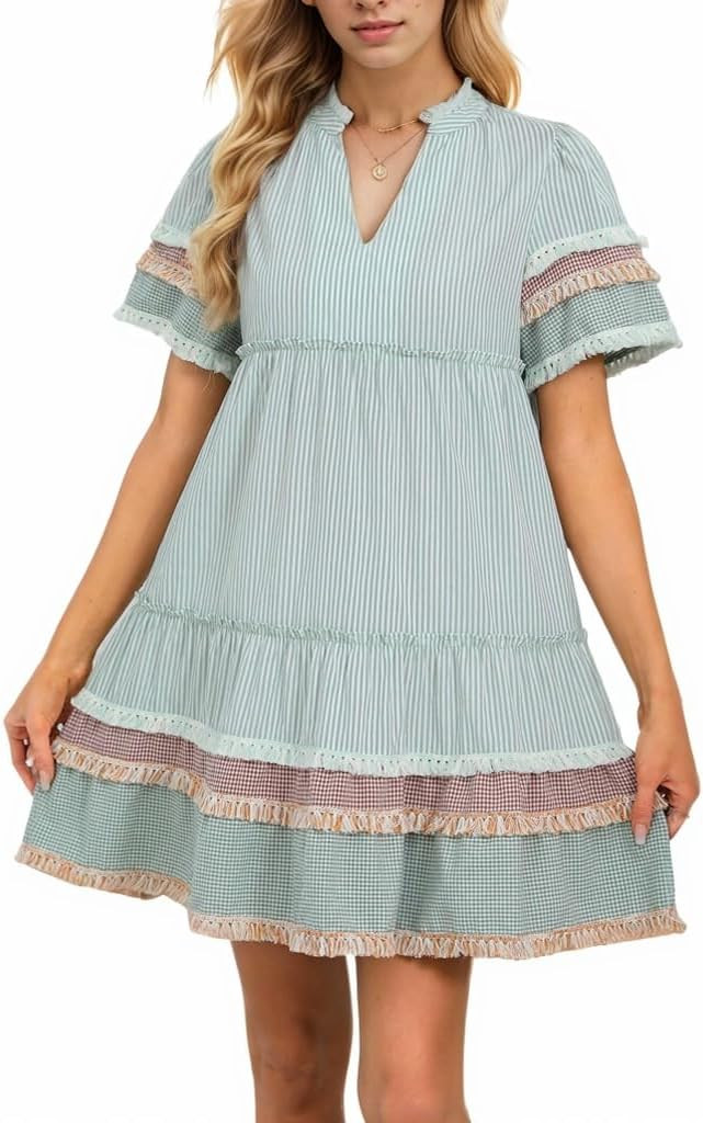 Women Striped Mini Dress V Neck A Line Flowy Fringe Hem Puff Sleeve Cute Tiered Babydoll Dress | Amazon (US)