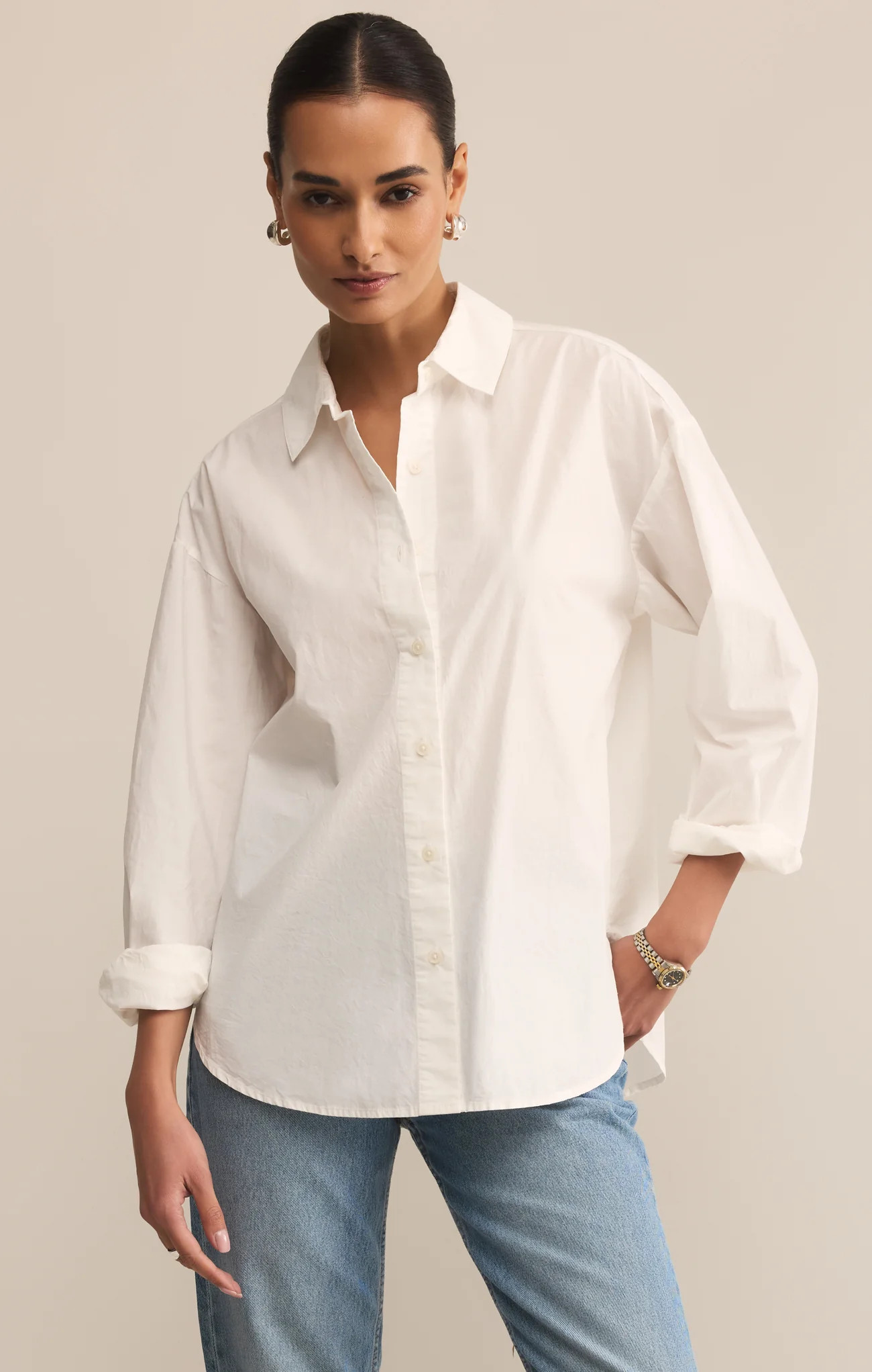 Z SUPPLY Women's Elevated Poplin Button Up Top, White, Large | Z Supply