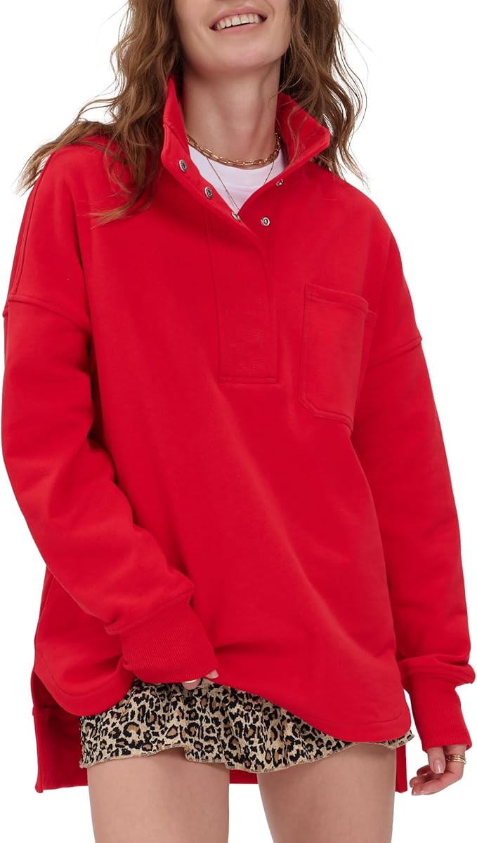 Locachy Womens Casual Oversized Sweatshirt Long Sleeve Button Henley Neck Pullover Tops Fashion O... | Amazon (US)