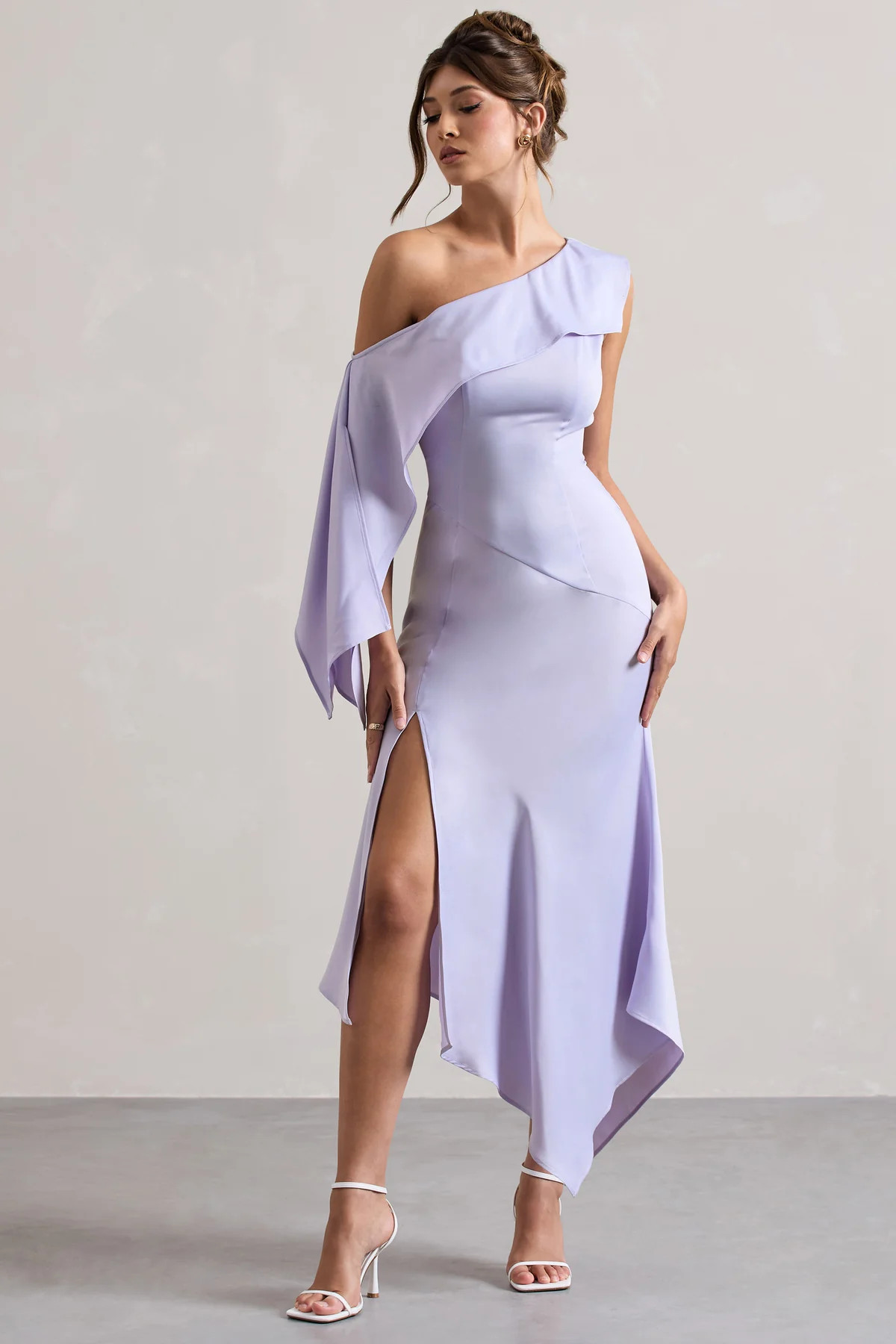 Freesia | Lilac Satin Asymmetric Draped Split Maxi Dress | Club L London