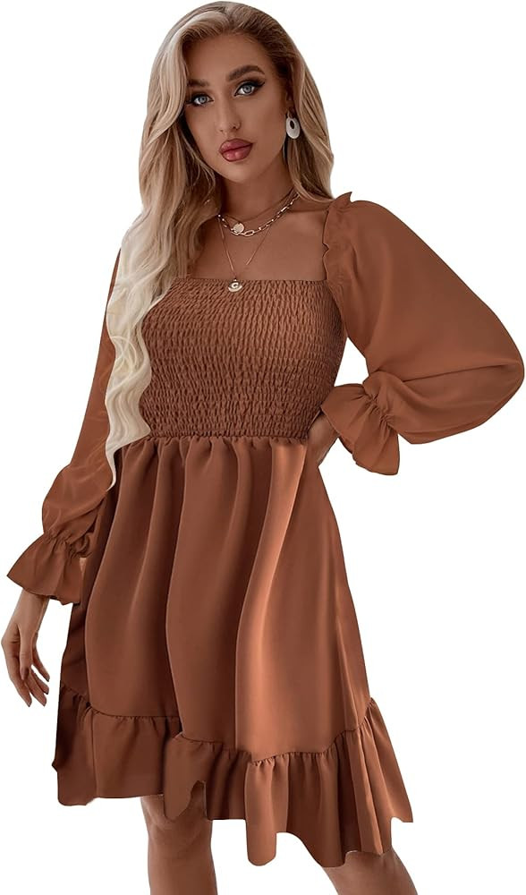 SheIn Women's Shirred Ruffle Long Sleeve Mini Dress Square Neck Flowy A Line Short Dresses | Amazon (US)