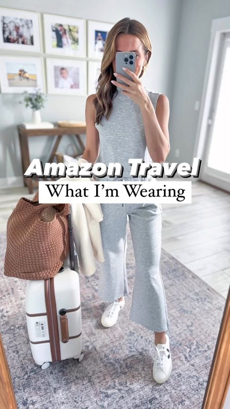Amazon look-for-less matching side. Wide leg matching set.  Amazon Travel outfit. Airport outfit. Elevated casual. Teacher outfit. Business casual. Casual outfit. Amazon coatigan in XS, color beige. Veja Esplar sneakers - whole sizes only (I’m a 6.5 and sized down to a 6 in these). Maghedi large tote in color cocoa. Delsey luggage. 

#LTKTravel #LTKWorkwear #LTKShoeCrush
