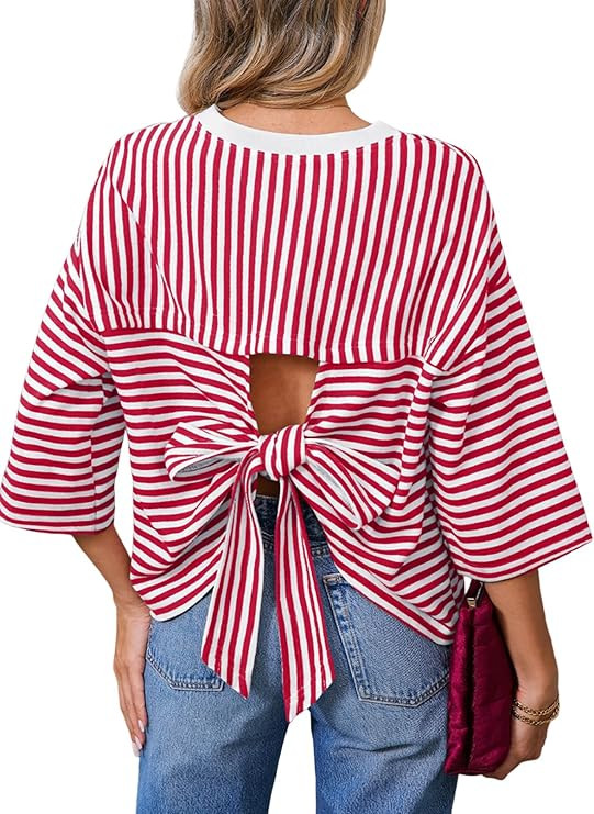 Dokotoo Womens Tops 2026 Striped Tie Back Short Sleeve T Shirts Crewneck Casual Loose Basic Tee S... | Amazon (US)