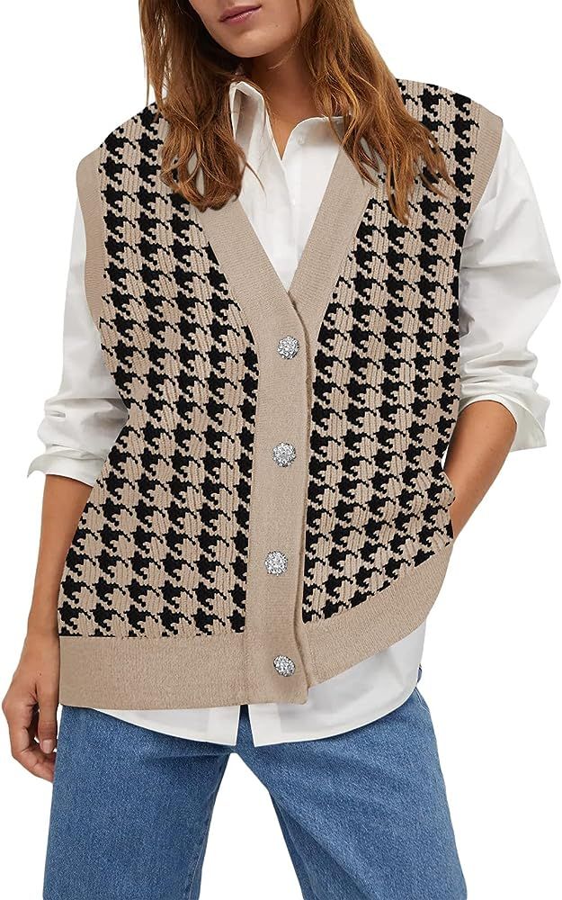 Viottiset Women's Oversized Houndstooth Sweater Vest V Neck Button Sleeveless Knit Cardigan | Amazon (US)