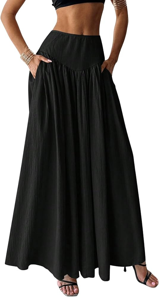 Milumia Women's Pleated Flowy Long Skirts High Waist Maxi Skirt with Pocket | Amazon (US)