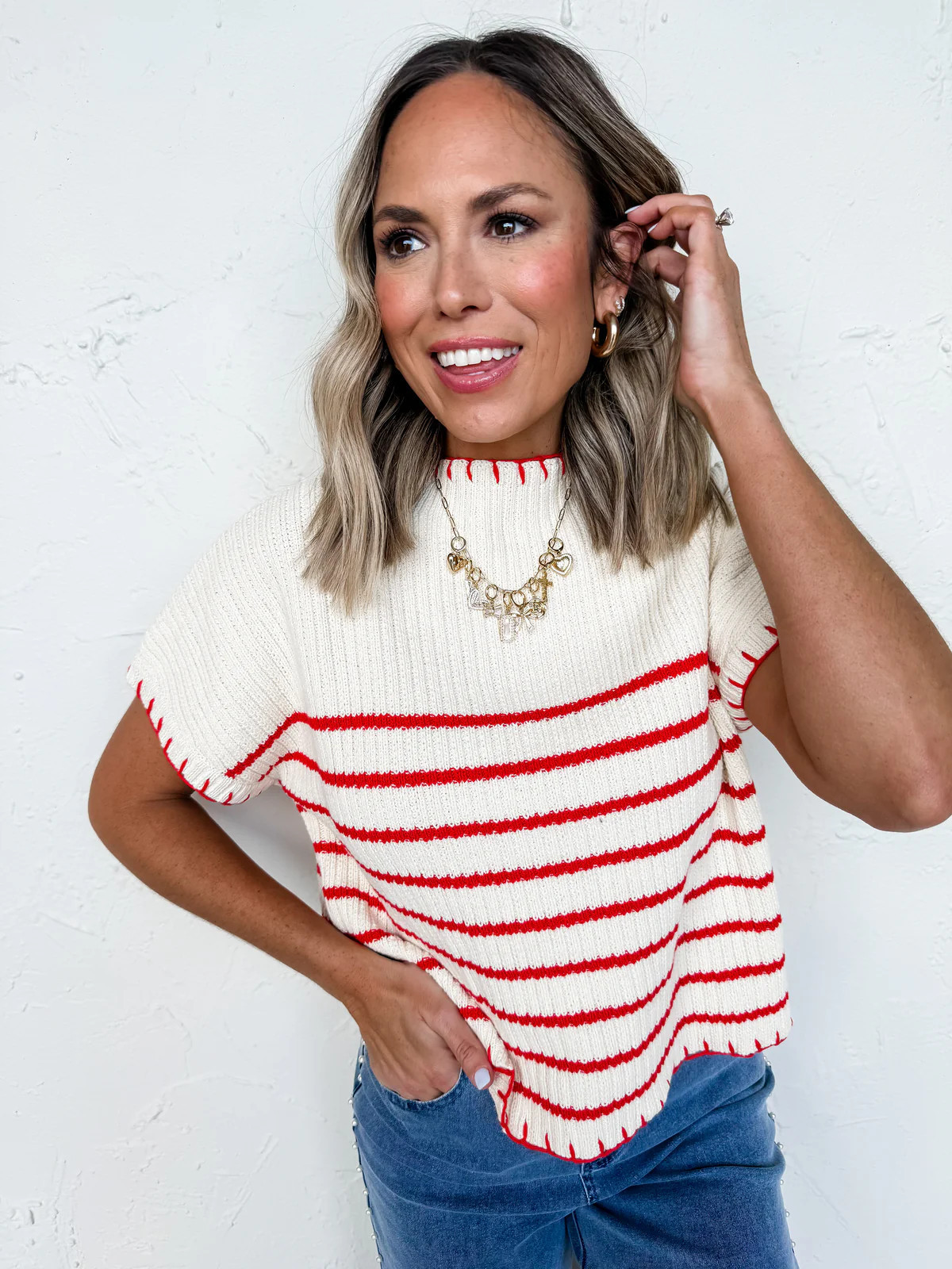 Sweeter Vibes Striped Short Sleeve Sweater-Cream | Ruthie Grace