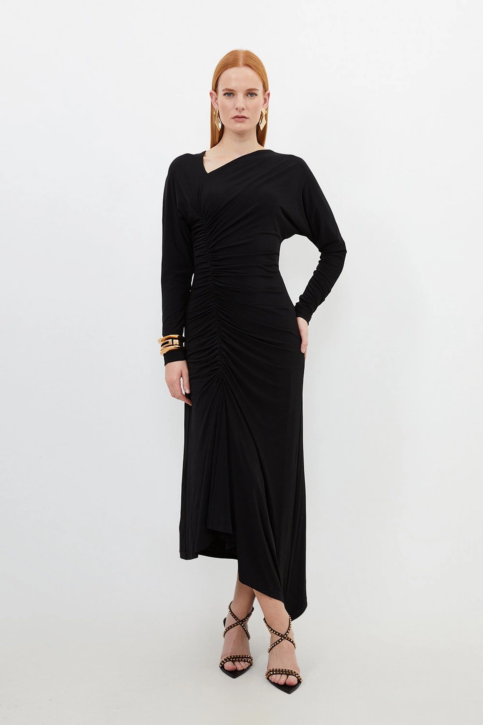 Jersey Crepe Ruched Long Sleeve Maxi Dress | Karen Millen UK + IE + DE + NL