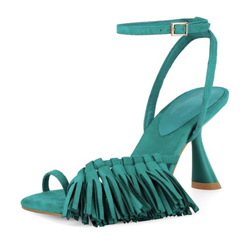 Richealnana Women's Fringe Toe Ring Ankle Strap Sandals Square Toe Tassel Shoes For Party Prom Buckle High Heel Teal US 9 | Amazon (US)