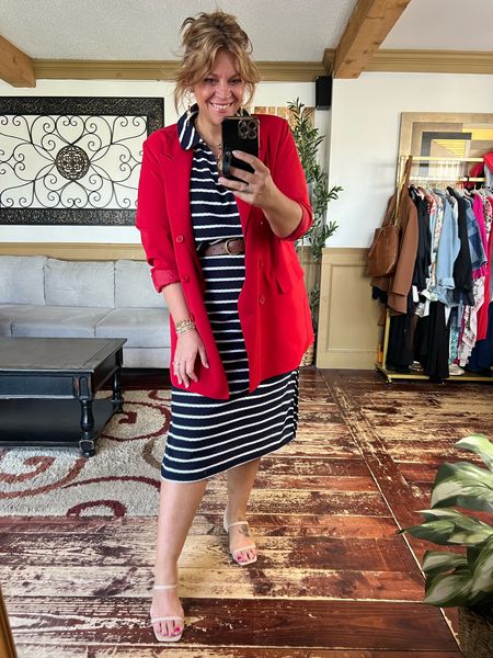 Workwear outfit, knit striped midi dress & boyfriend blazer - all size 12/14; slip short underwear also size 12/14- use code 2024nicole25 for 25% off orders over $39

#LTKfindsunder100 #LTKplussize #LTKover40