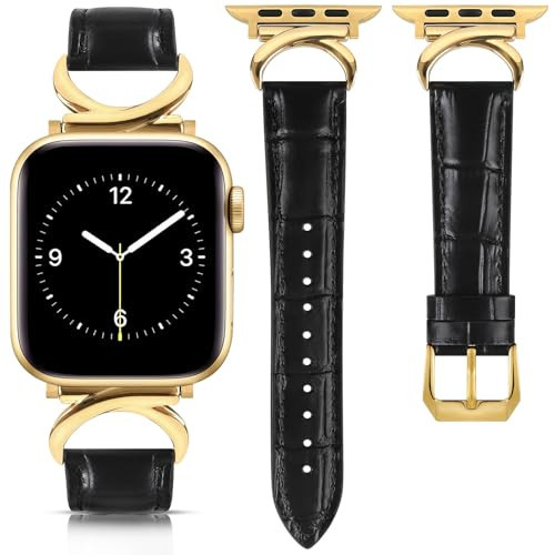 mxiixnai Leather Band Compatible with Apple Watch Bands for Women, Dressy Designer Strap with C-Shape Metal Buckle for iWatch Series 10/9/8/7/6/5/4/3/2/1/se(38mm 40mm 41mm 42mm,Crocodile Pattern Black/Gold) | Amazon (US)