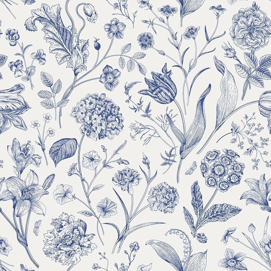 Floral Peel and Stick Wallpaper Blue Contact Paper 16.9inch x 118.1inch Blue and White Wallpaper ... | Amazon (US)