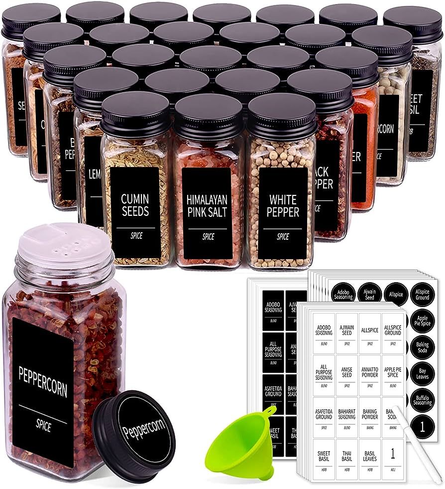48 Spice Jars with 547 Labels- Glass Spice Jars with Black Metal Caps, 4oz Empty Spice Containers... | Amazon (US)
