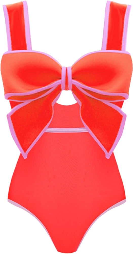 FLAXMAKER Women's Bow-tie Swimsuits Decor Shoulder Straps One Piece Swimwear Bathing Suit (US, Al... | Amazon (US)