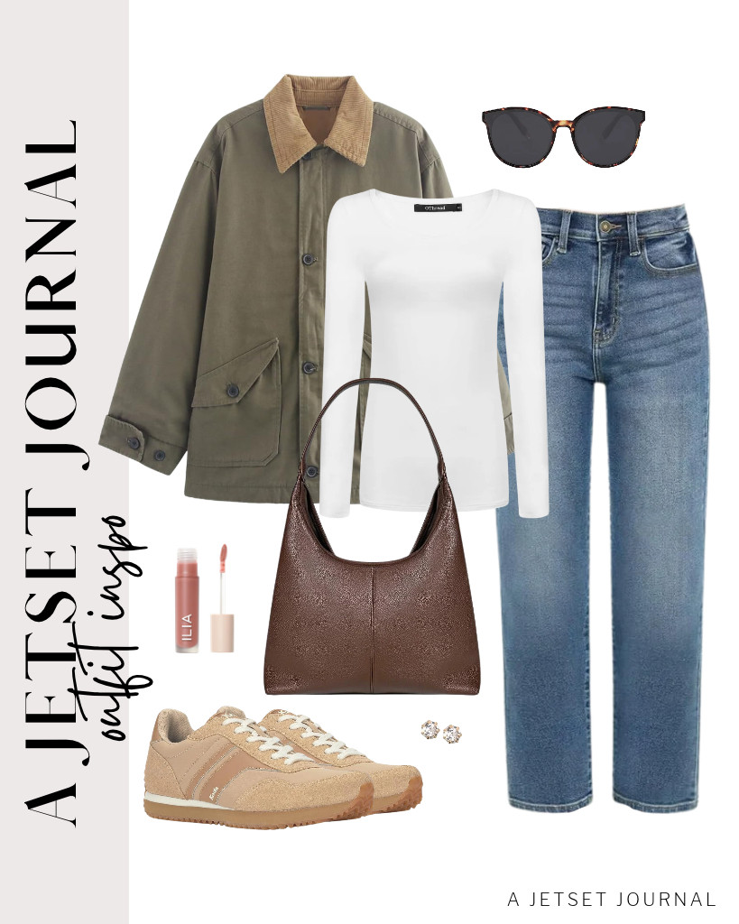 This outfit combination of a white OThread & Co. long-sleeve T-shirt, straight-leg jeans from KDF, and this olive oversized corduroy barn jacket is the first outfit in this collection. You’ll love wearing it with Keds Rena lace-up sneakers and this slouchy shoulder bag. It goes well with these round SOJOS sunnies, too! 

 #LTKSeasonal #LTKSaleAlert #LTKTravel