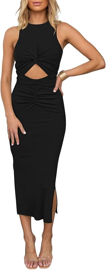 HUUSA Women's Sexy Sleeveless Cut Out Slim Bodycon Dress Crewneck Crisscross Twist Ruched Slit Ri... | Amazon (US)