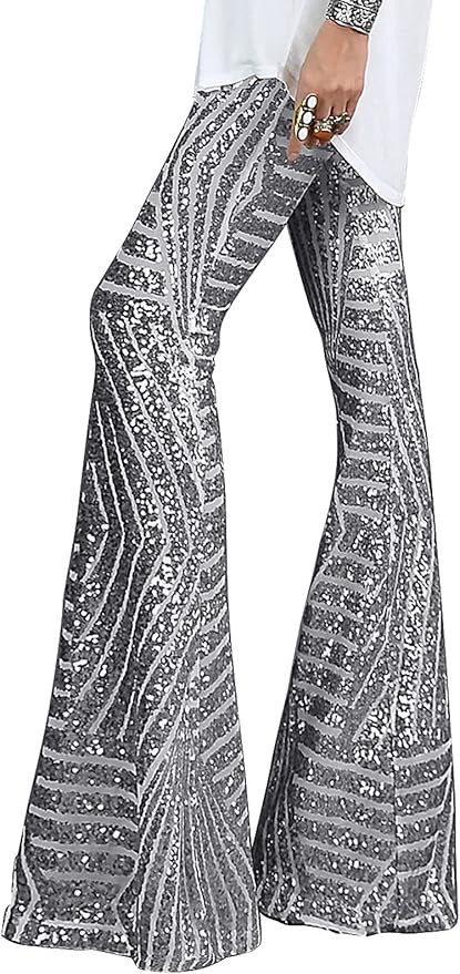 AZOKOE Women High Waist Wide Leg Palazzo Lounge Pants Sequin Bell Bottoms Trousers | Amazon (US)