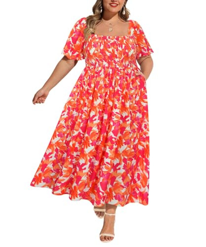 RITERA Plus Size Dresses for Curvy Women Floral Square Neck Short Sleeve Casual Summer Dress Smocked Wedding Guest Orange Red Maxi Ruffle Dress Beach Flowy A Line Sundress with Pockets 2XL 18W 20W | Amazon (US)