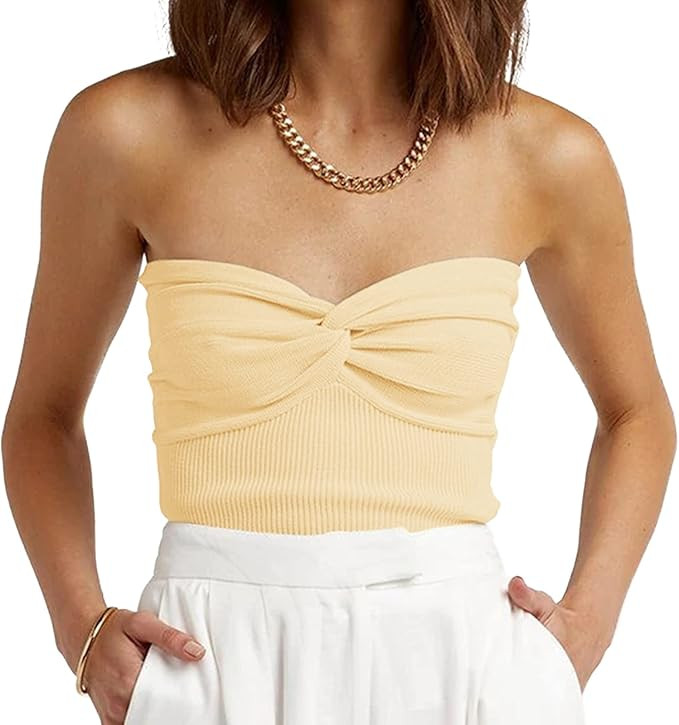 Womens Strapless Crop Top Sexy Sweetheart Neck Ribbed Knit Twisted Knot Front Sleeveless Y2K Cami... | Amazon (US)