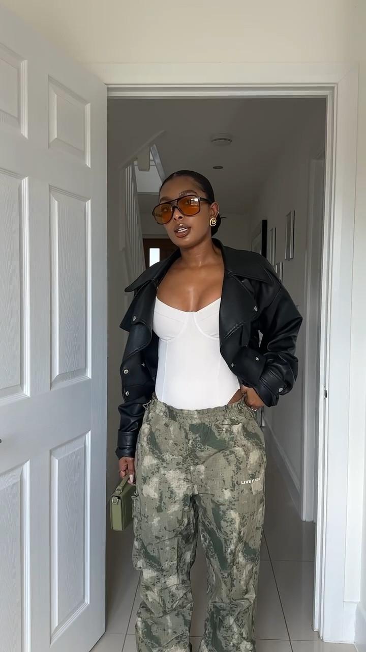 Camo cargo trousers, white bodysuit, ami Paris bag, green bag, spring outfit, comfy outfit, white nike trainers, accessories, styling video 

#LTKuk #LTKspring #LTKstyletip