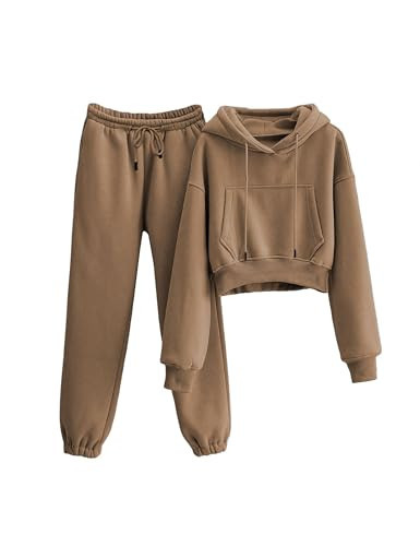 LTSCNRM Sweatsuits Women 2 Piece Cropped Hoodie Sweatpants Set(Brown-L) | Amazon (US)