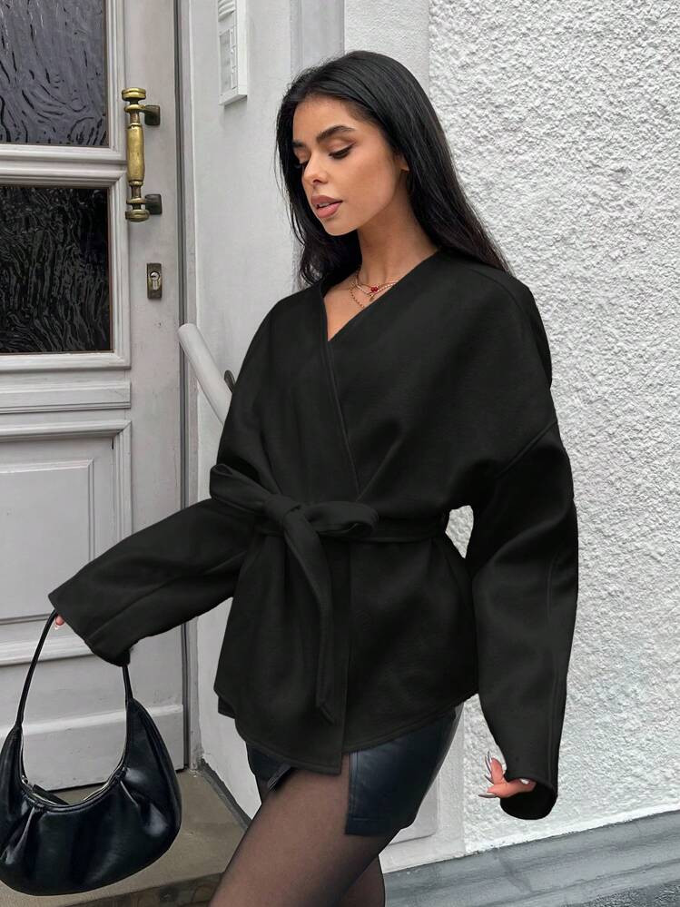 MainGRL Lace-Up Overcoat, Minimalist Fashion Casual Everyday In Fall/Winter | SHEIN