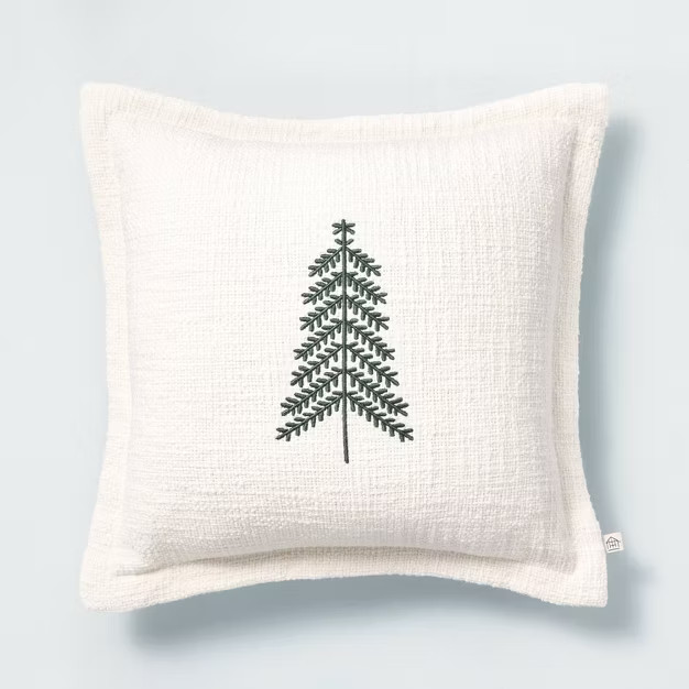 14"x14" Embroidered Winter Tree Square Throw Pillow Green/Sour Cream - Hearth & Hand&... | Target