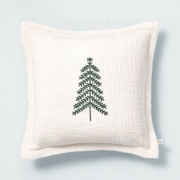 14"x14" Embroidered Winter Tree Square Throw Pillow Green/Sour Cream - Hearth & Hand™ with Magn... | Target