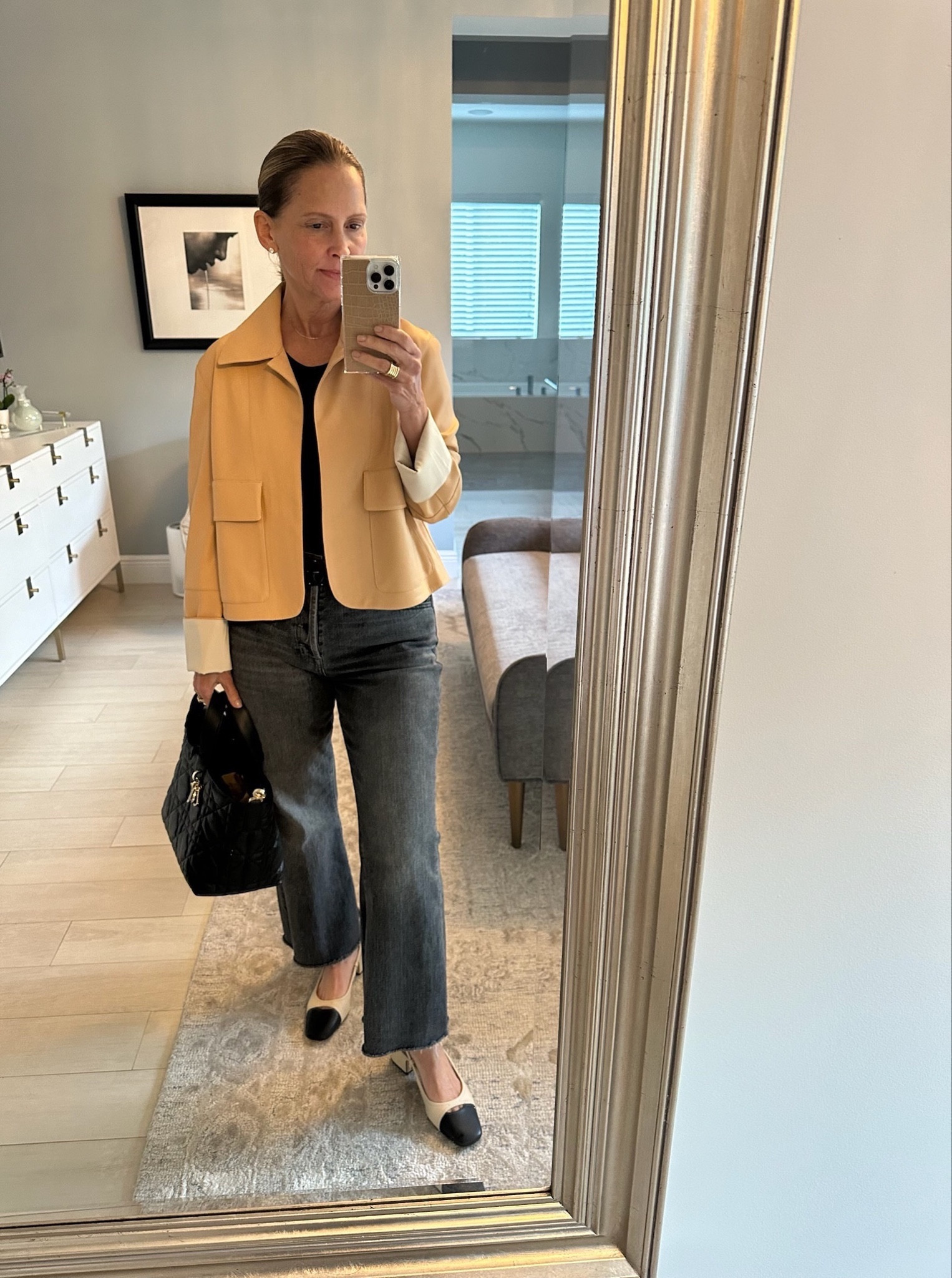 How to wear wider cropped flares, and why I like them.
 
1st - I love the washed black color. Not as harsh as black denim and really looks great with all colors and I particularly like it with cream/beige to bring out the lighter threads in wash.
 
2nd- It’s a flattering style as it balances out the body’s silhouette.
 
3rd - It should be hemmed for a high heel to elongate the bottom half or shortened above the ankle to wear with flats and low heels, and you will get more wear from this length. 
 
Stylist Tip: Sneakers aren’t the best option with this style and length as they will look too chunky.

#LTKstyletip #LTKU #LTKover40