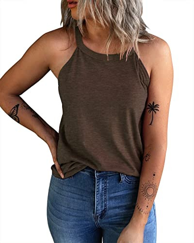 KINLONSAIR Women's Summer Sleeveless Halter Tee Shirts Crew Neck Workout Tank Tops Casual Plain C... | Amazon (US)