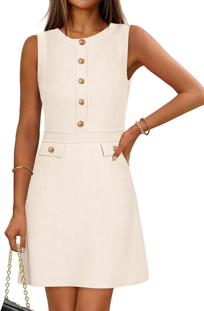 MEROKEETY Women's Formal Work Mini Dress Casual Summer Sleeveless Elegant Button Bussiness Office... | Amazon (US)