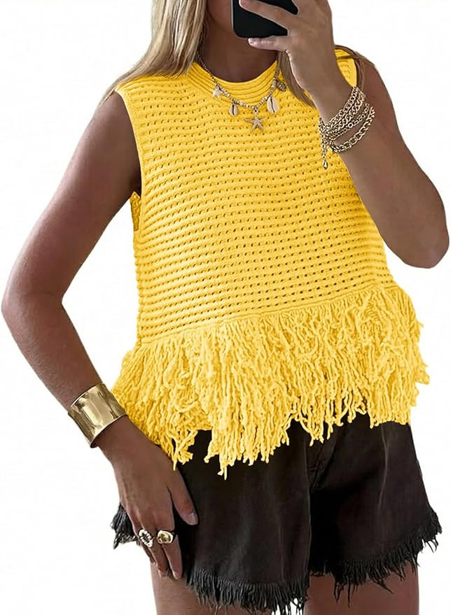 Saodimallsu Womens Crochet Crop Tank Tops Sleeveless Fringe Crew Neck Trendy Boho Knit Summer Swe... | Amazon (US)