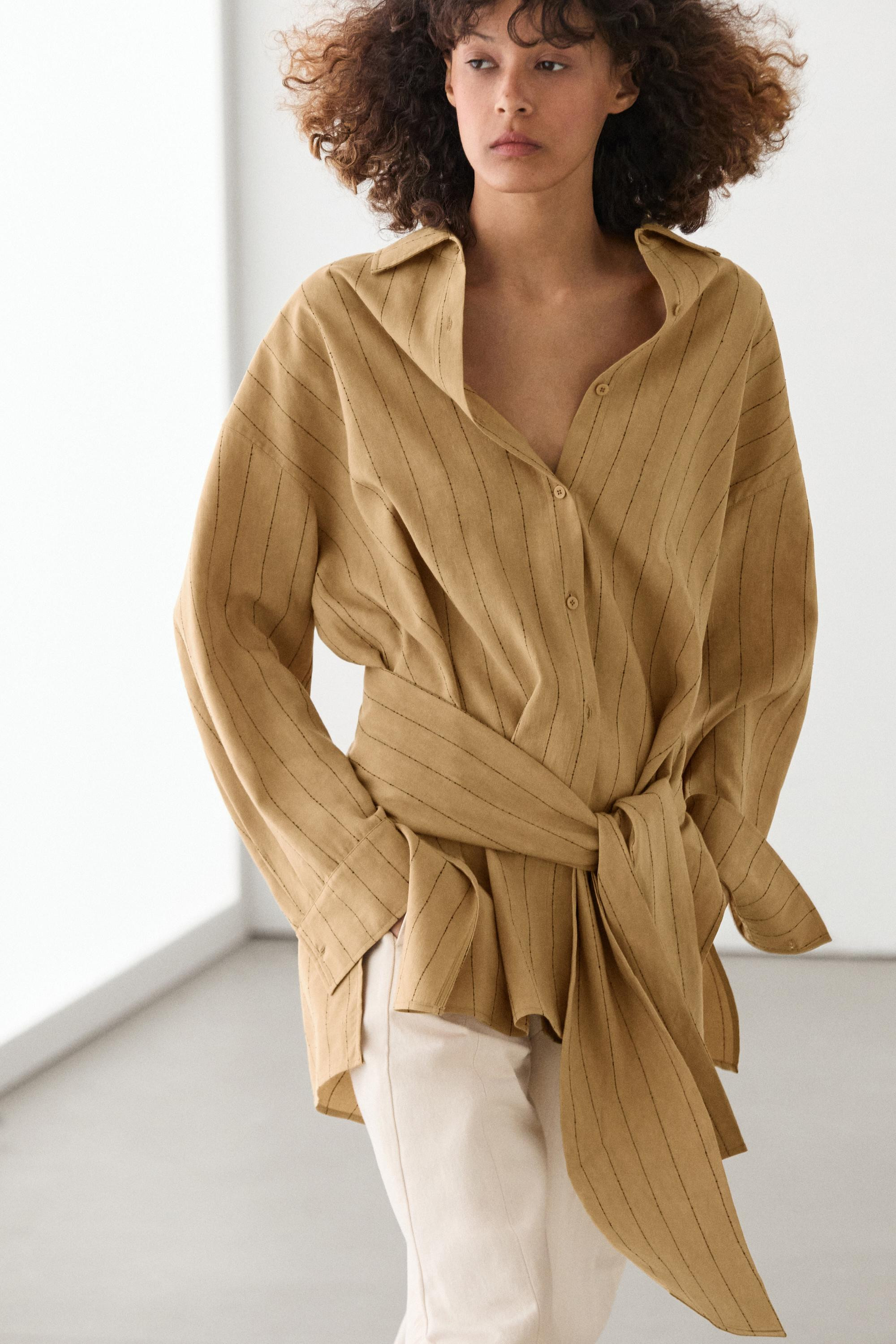Striped flowing shirt with corset belt detail | Massimo Dutti US