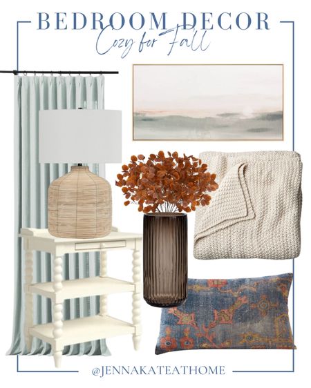 Give your bedroom a cozy fall luck with these simple home decor items including throw pillows and blankets, faux leaves, glass vase, rattan lamp, side table, curtains, and artwork

#LTKhome #LTKSeasonal