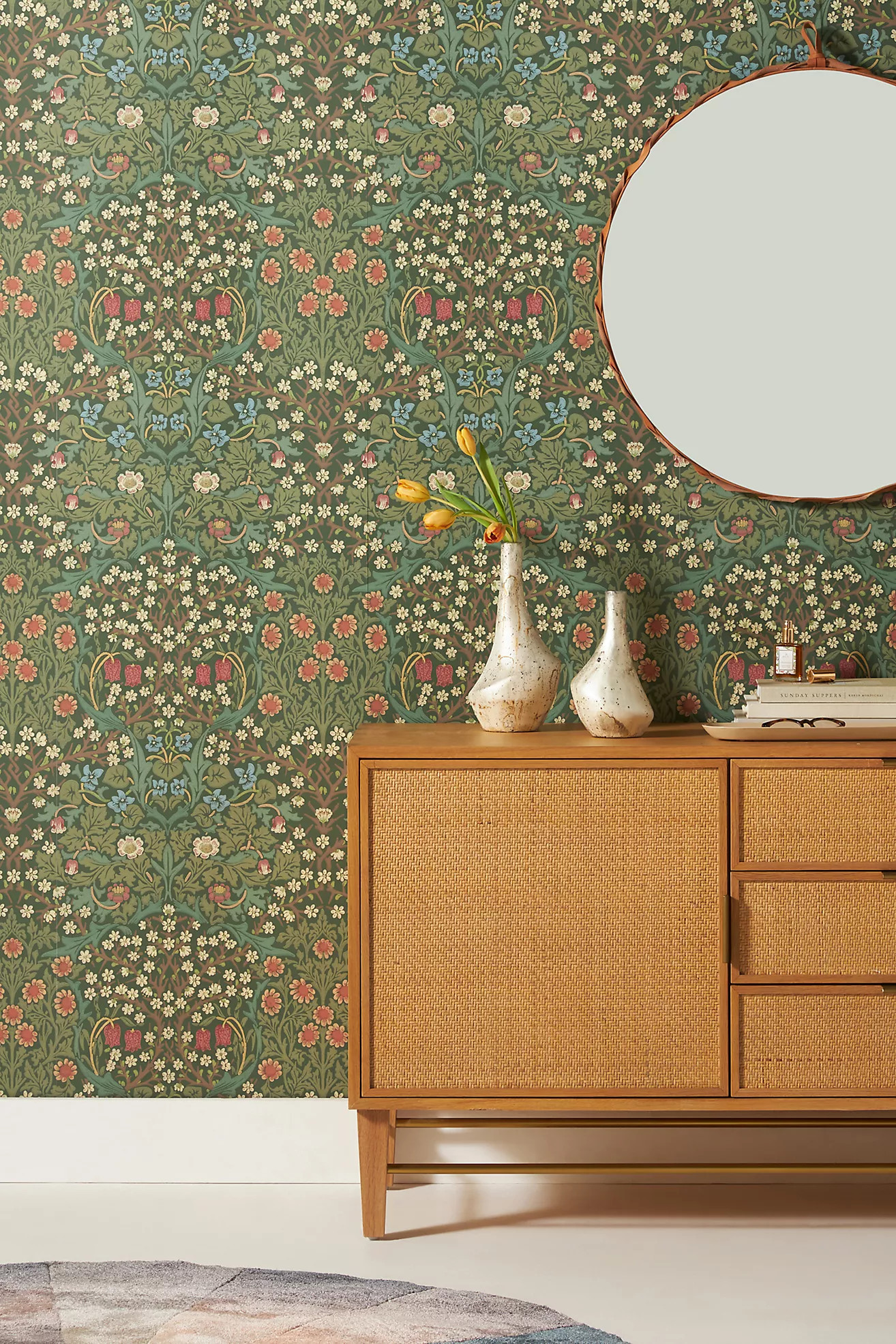 Morris & Co. Blackthorn Floral Green Wallpaper | Anthropologie (US)