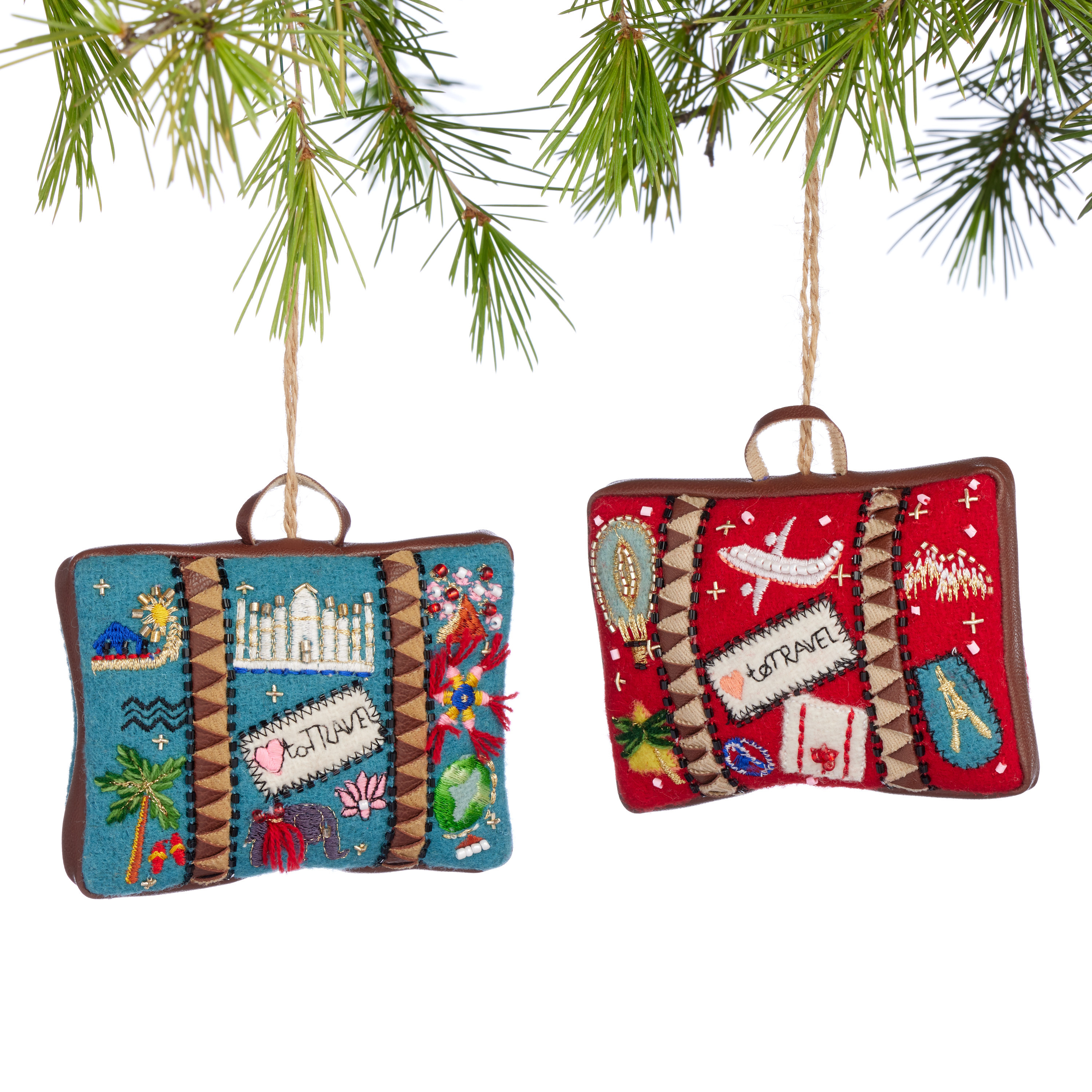 Fabric Embroidered Suitcase Ornaments Set of 2 | World Market