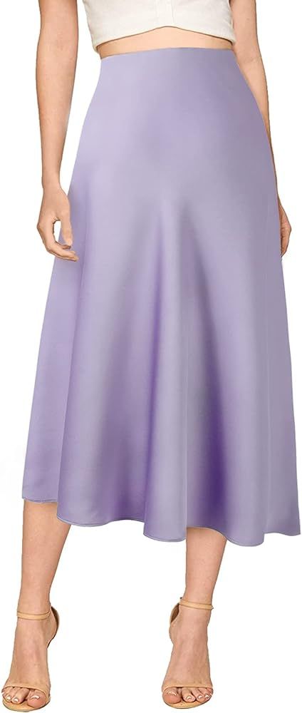 Verreisen Women's Elegant Midi Satin Skirt for Work Women Causal Elastic High Waist | Amazon (US)