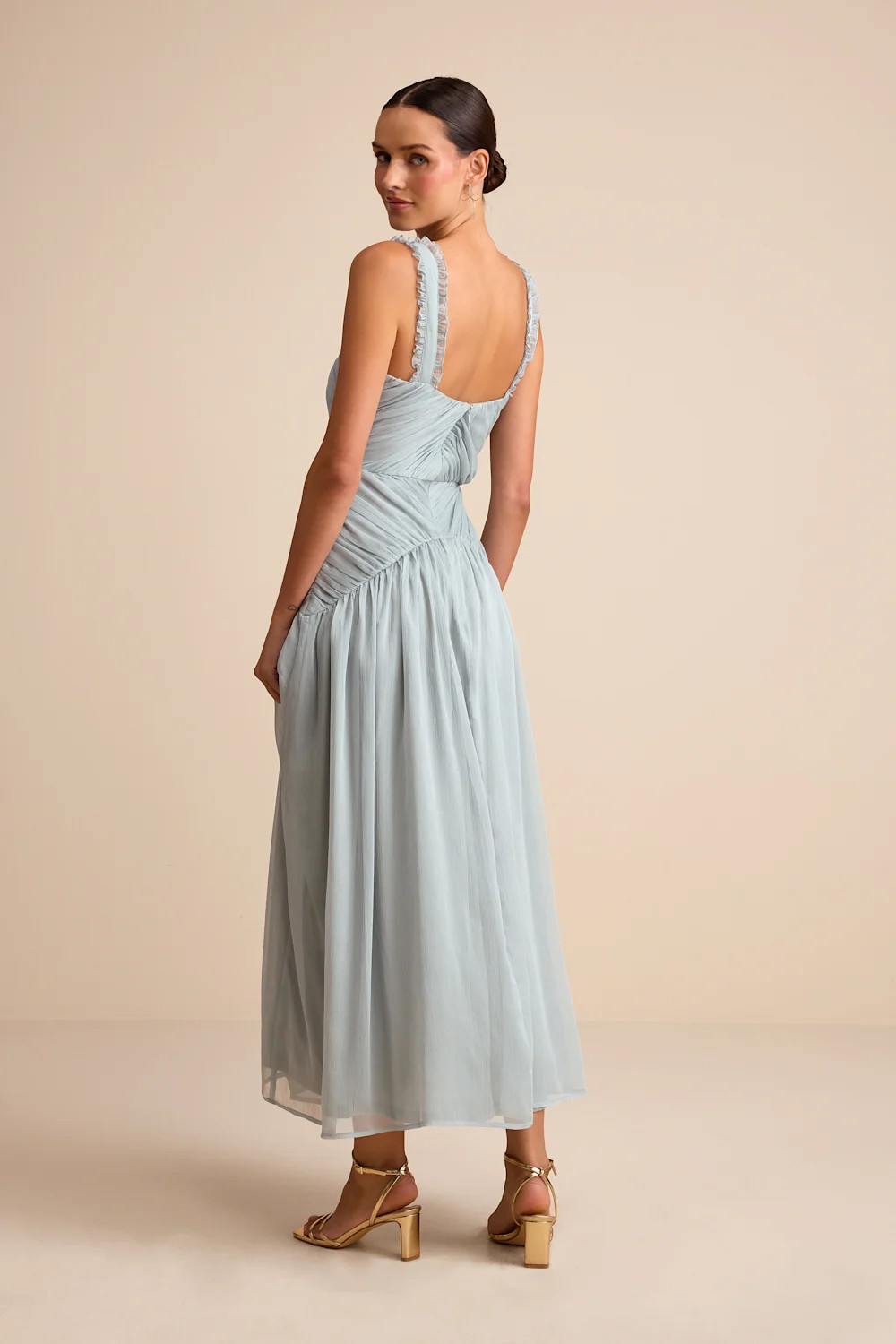 Laufey Dusty Blue Pleated Drop Waist Midi Dress | Lulus