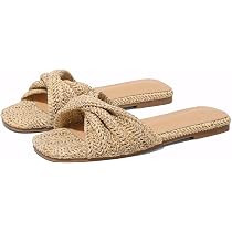 EQAUDES Raffia Flat Sandals for Women Straw Woven Braided Twist Slip On Slides - Summer, Open Toe... | Amazon (US)
