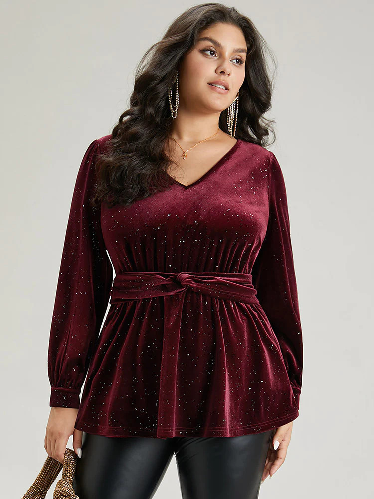 Glitter Sequin Velvet Twist Front V Neck Blouse | Bloomchic