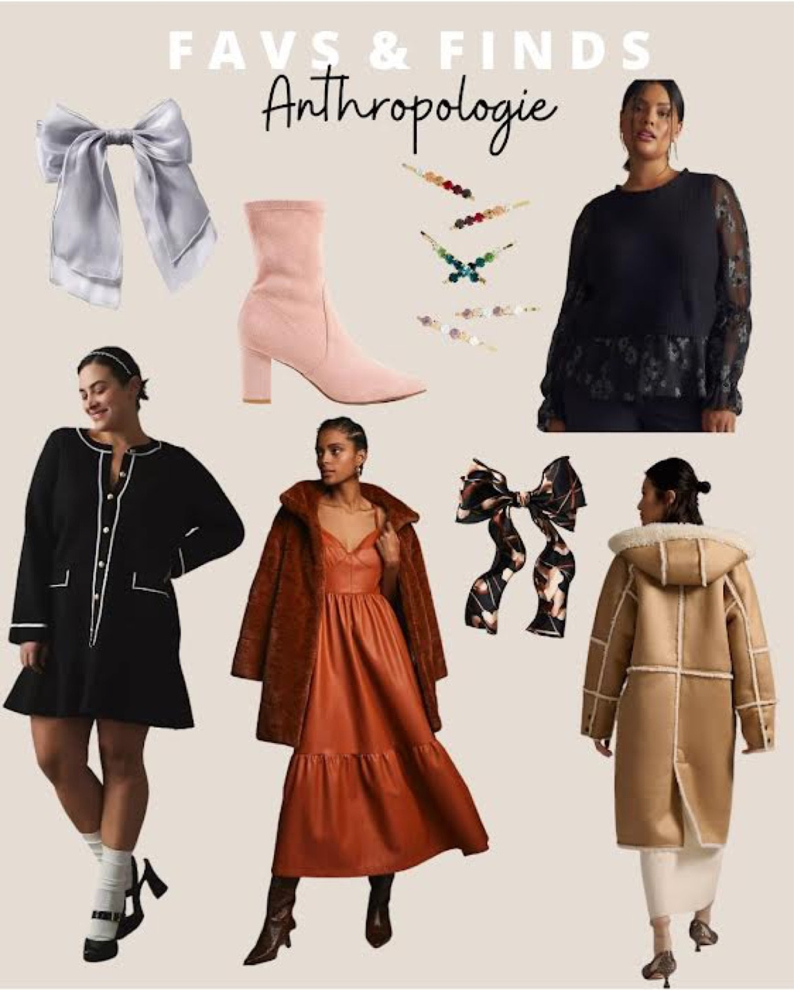 Anthropologie Favs & Finds: slate statement bow, pink booties, gem hair clips, layered floral shirt with sweater vest, Sherpa coat, silk statement bow, leather Strappy maxi dress, Chanel inspired sweater dress 

#LTKcurves #LTKstyletip