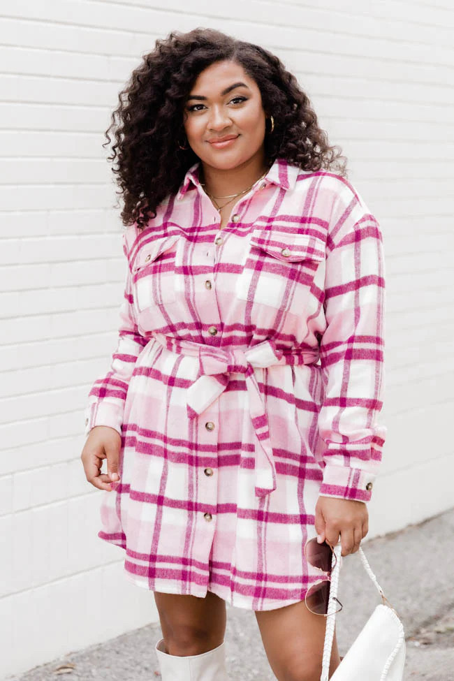 Believe In My Heart Pink Plaid Belted Button Up Mini Dress | Pink Lily