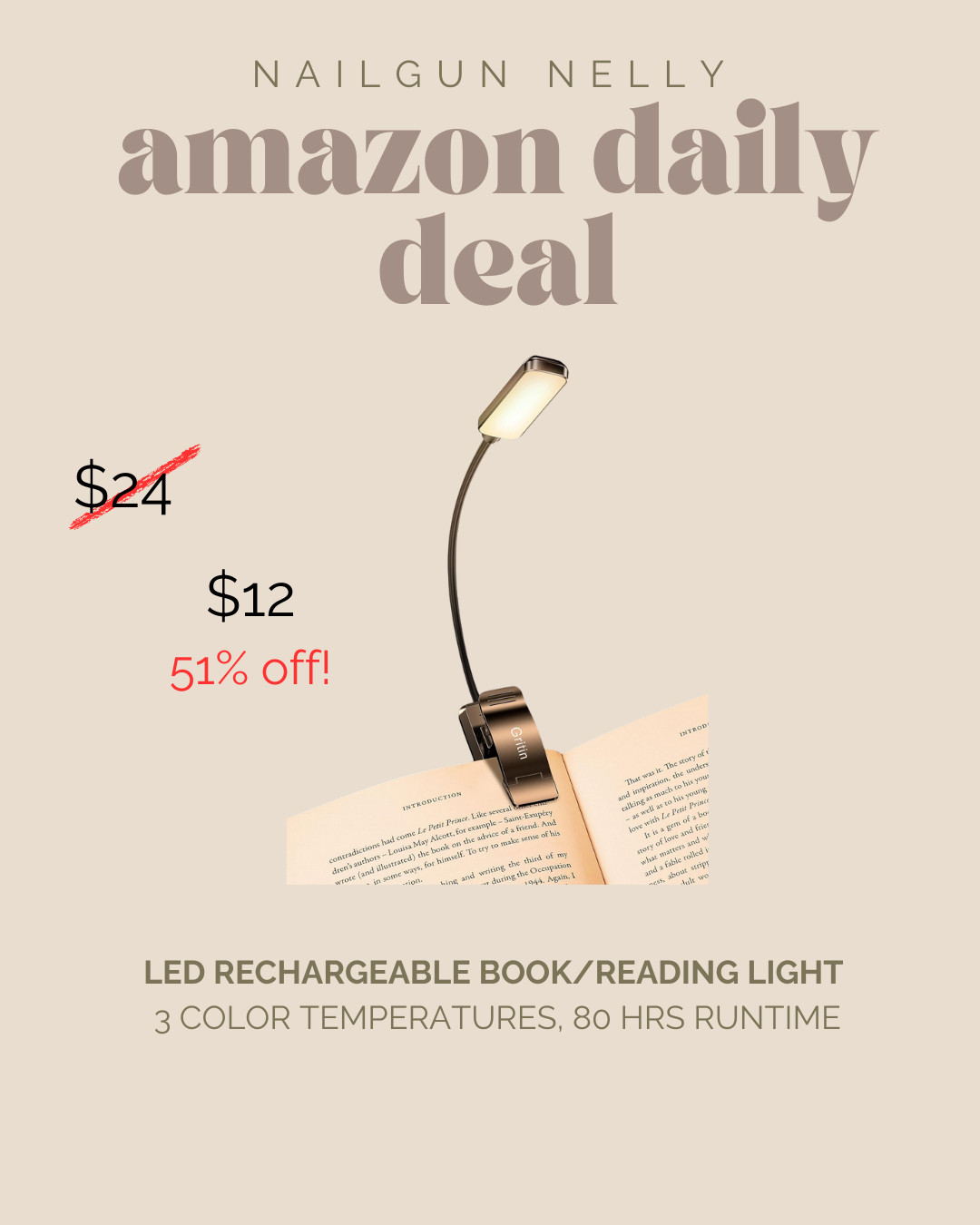 Amazon Daily Deal! LED Rechargeable Book/Reading Light, 3 Color Temperatures, 80 Hrs Runtime
 

 #LTKGiftGuide #LTKSaleAlert #LTKTravel